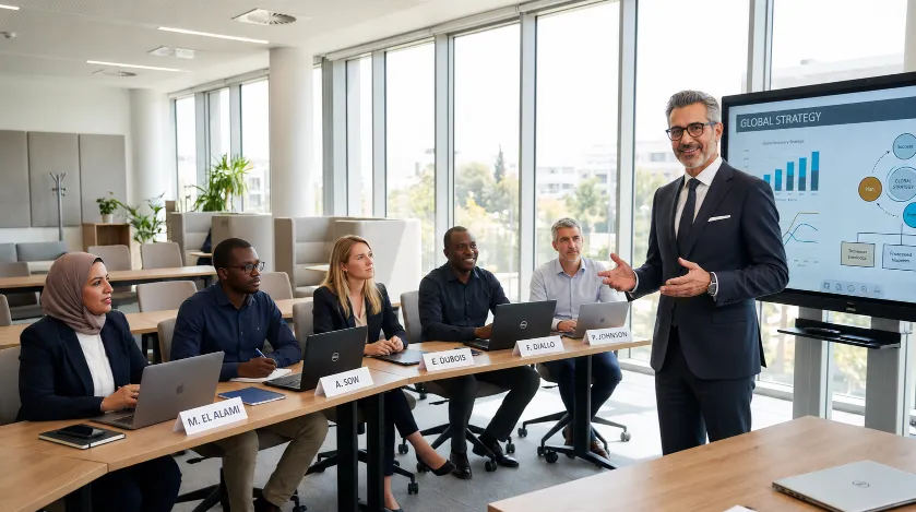 Professeur intervenant devant une classe de cadres dirigeants