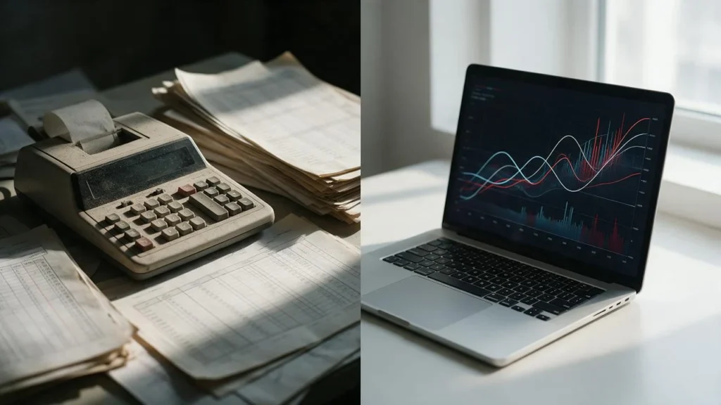 Calculatrice mécanique et états comptables papier d'un côté, visualisation de données moderne sur ordinateur portable de l'autre