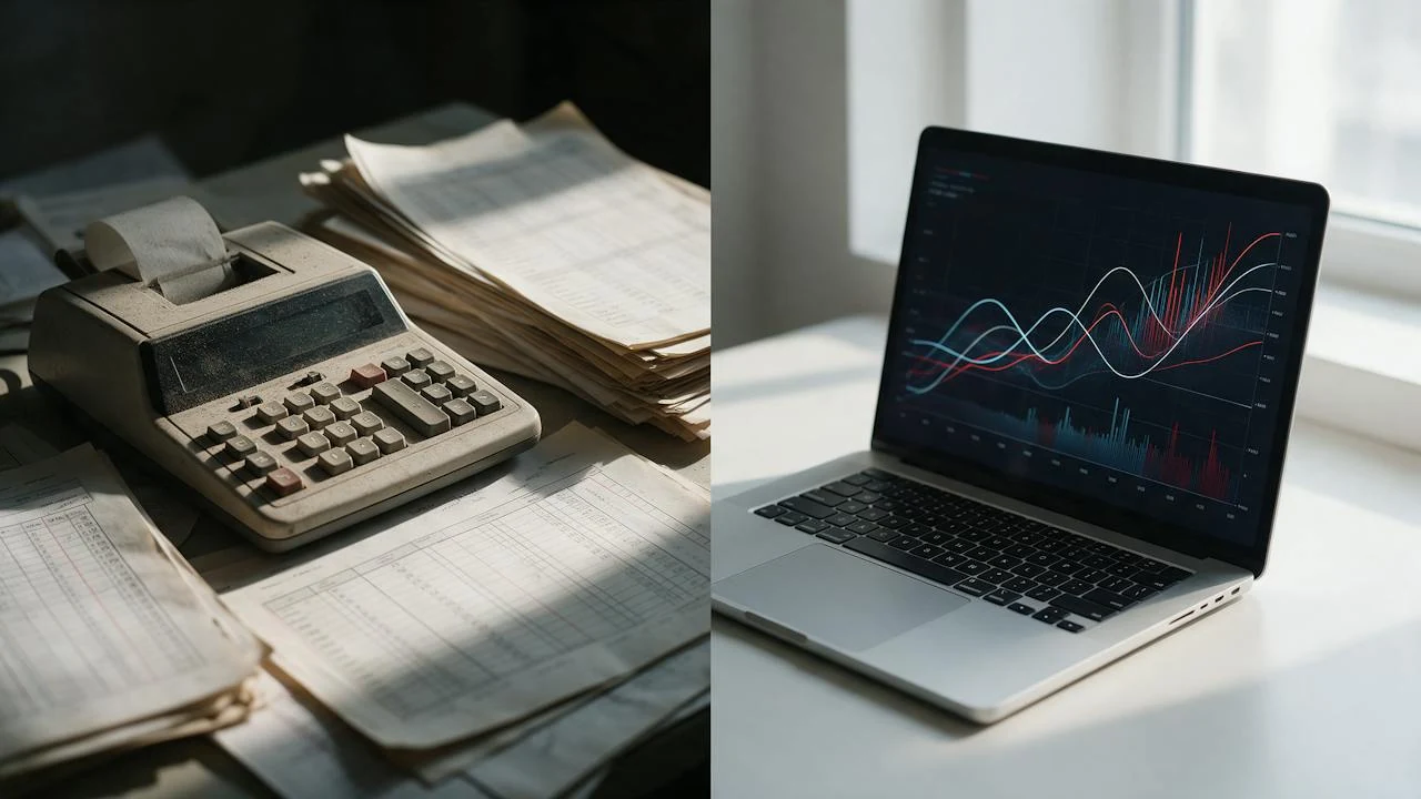 Calculatrice mécanique et états comptables papier d'un côté, visualisation de données moderne sur ordinateur portable de l'autre