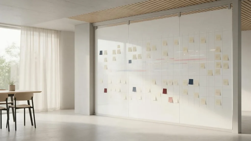 Tableaux vitrés couverts de post-it de planification dans un bureau contemporain
