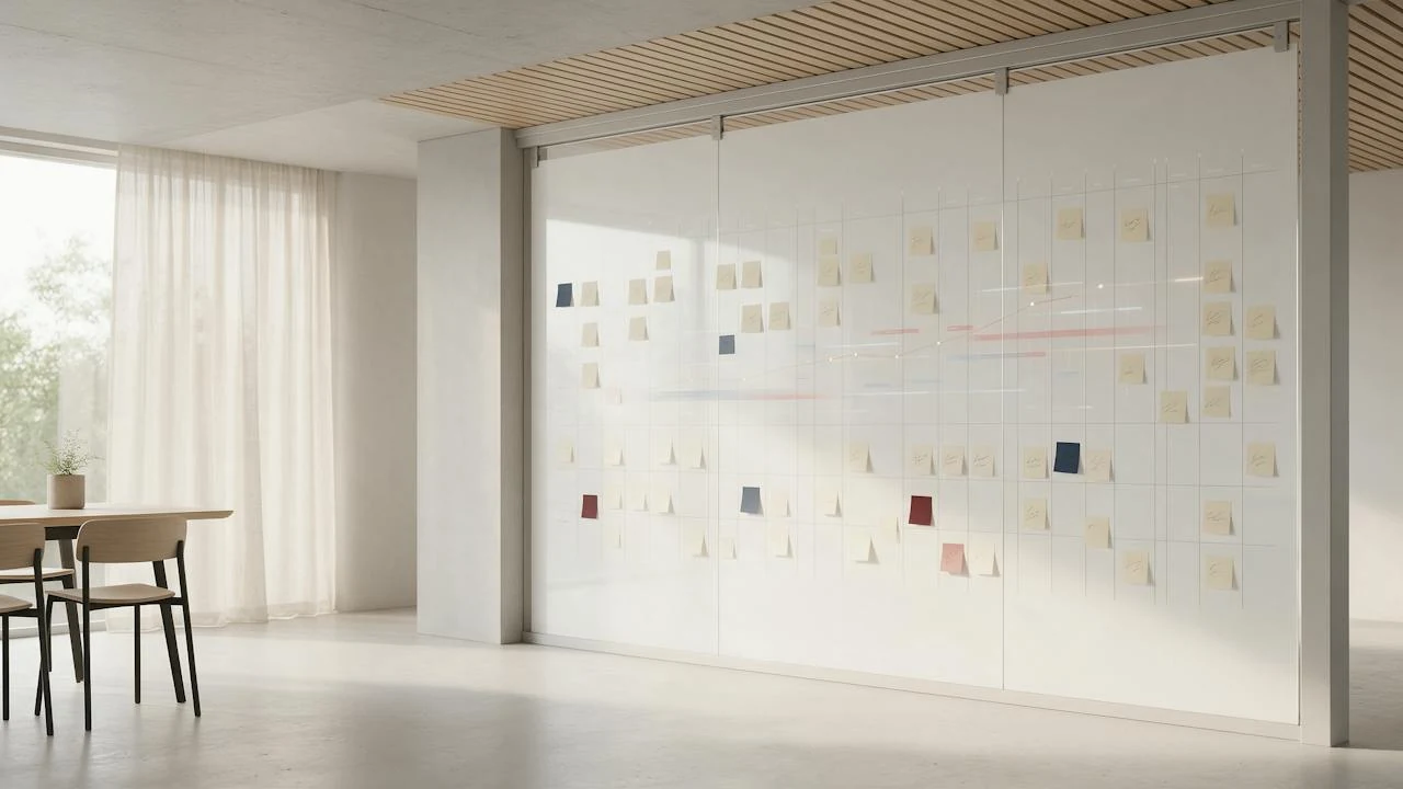 Tableaux vitrés couverts de post-it de planification dans un bureau contemporain