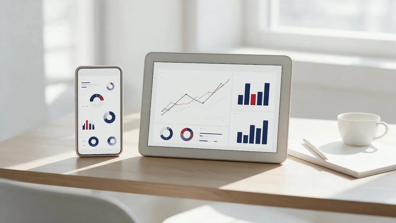 Smartphone et tablette affichant des tableaux de bord marketing sur un bureau clair