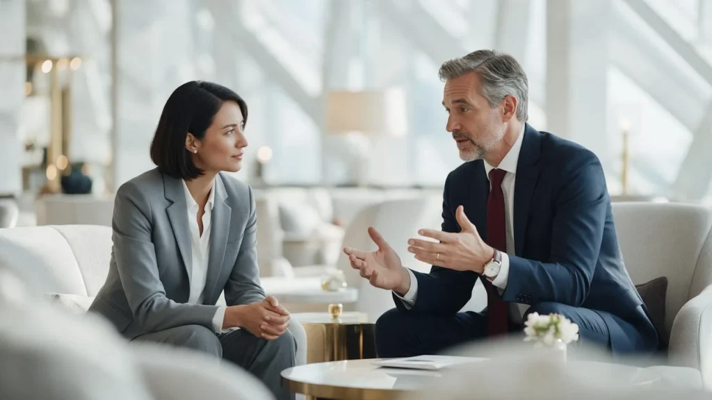 Deux professionnels en discussion stratégique dans un lounge d'affaires
