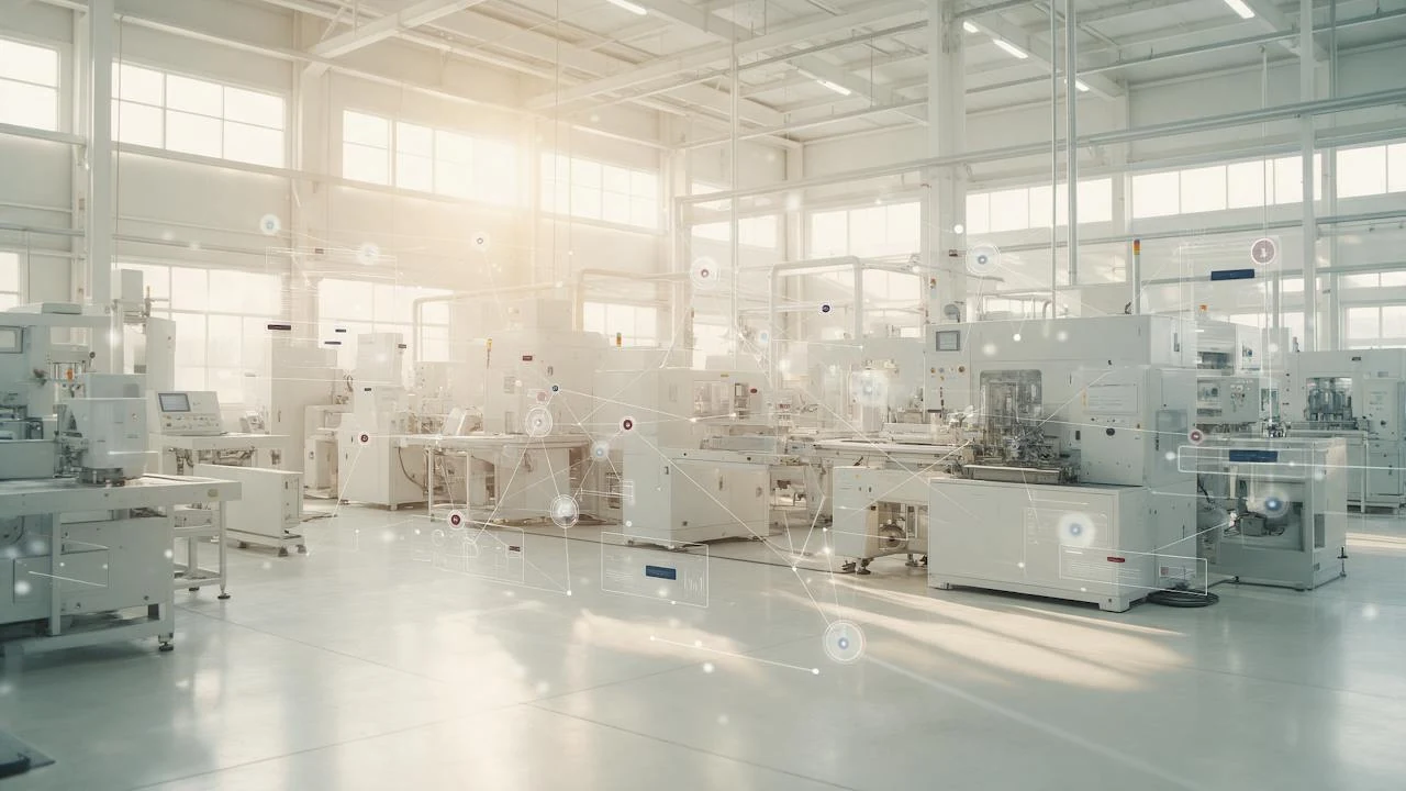 Site de production industriel moderne et lumineux, avec relevés de données superposés