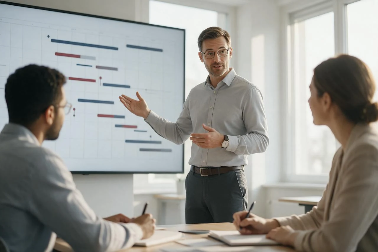 Formateur présentant un planning de projet à deux participants en salle