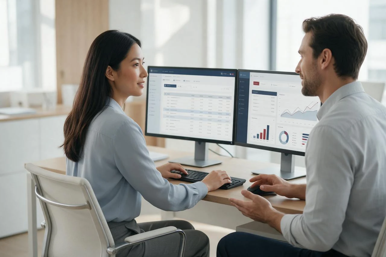 Deux professionnels travaillant sur une interface comptable à double écran