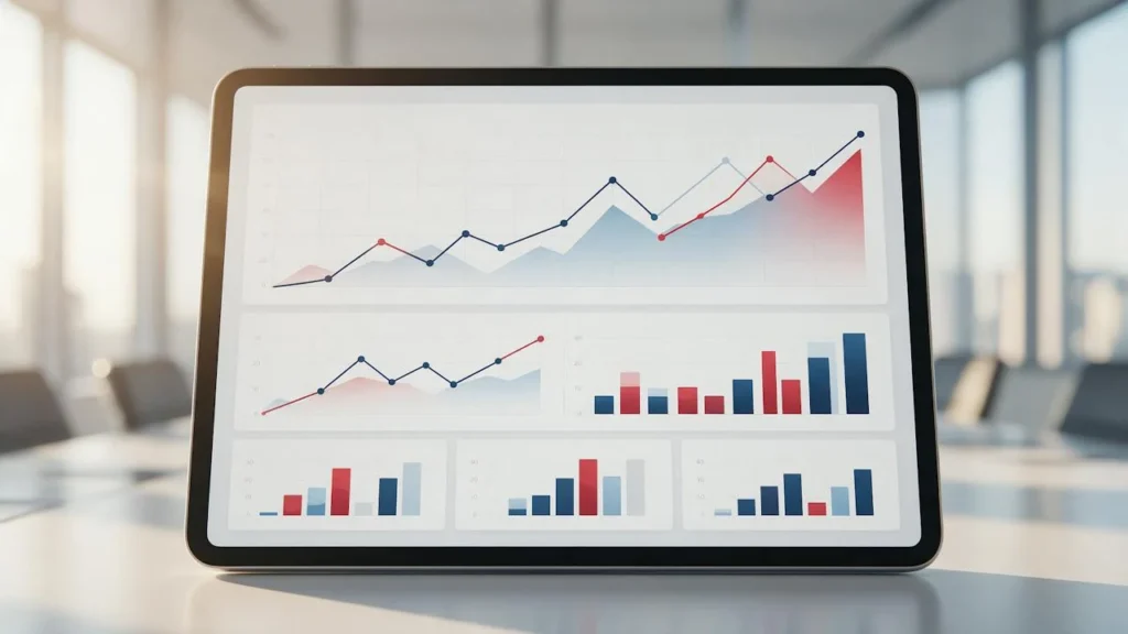 Tableau de bord financier affiché sur une tablette, salle de réunion lumineuse en arrière-plan