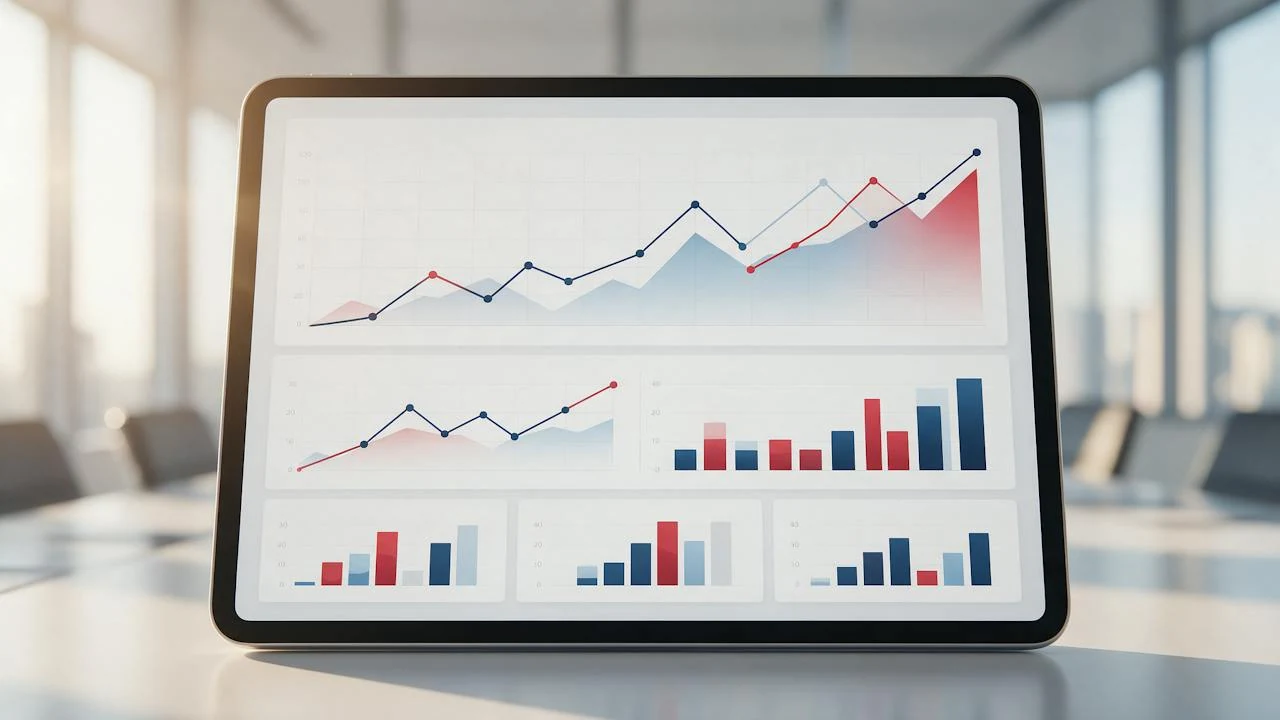Tableau de bord financier affiché sur une tablette, salle de réunion lumineuse en arrière-plan